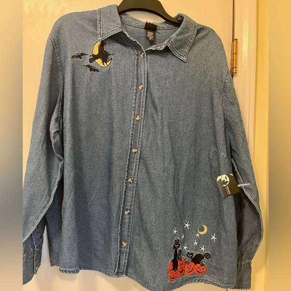 Vintage Tops - New Old Stock Vintage Halloween Denim Shirt Black Cat Witch Pumpkin Spooky 2XL